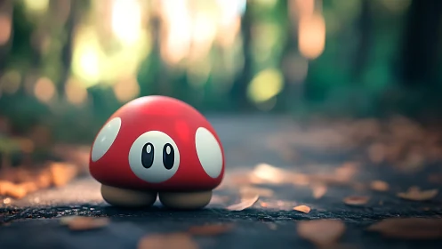 Red cartoon mushroom figure rests on a blurred forest path