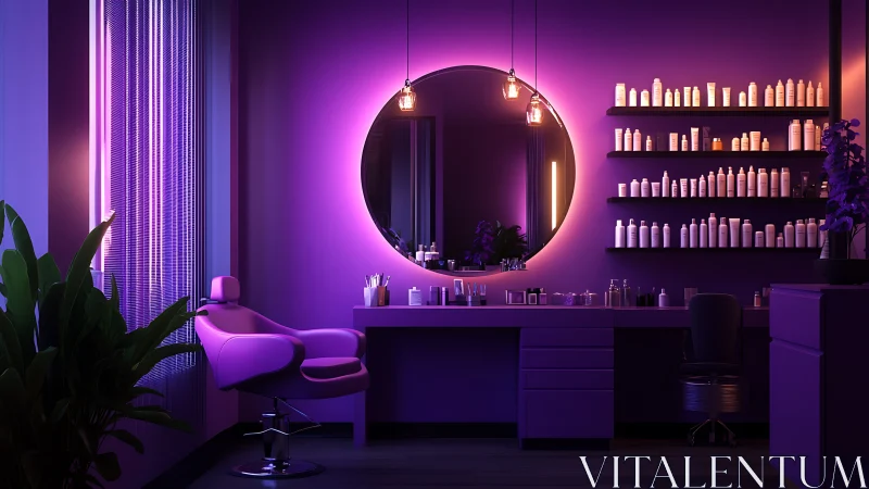 Neon-soaked salon sanctuary under a glowing lunar mirror.