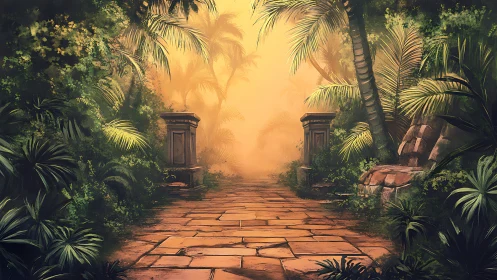 Sunlit jungle pathway through forgotten temple ruins.