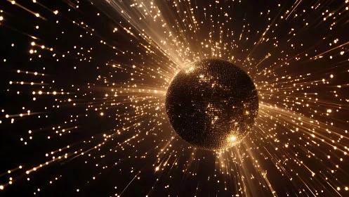 Glowing particle sphere radiates golden light in deep space