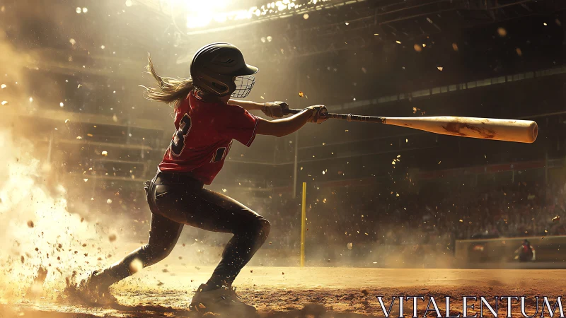 Backlit softball batter in dynamic impact-phase dust vortex.