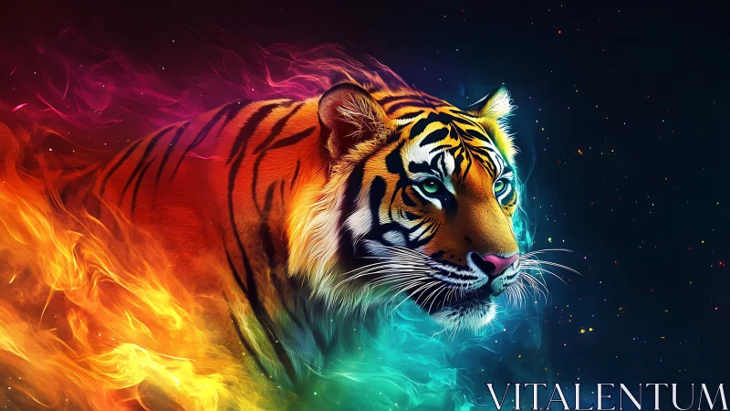 Tiger head emerging through vivid fire and neon smoke