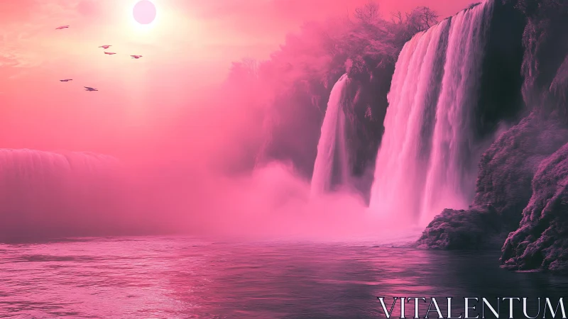Neon pink waterfalls cascade through misty alien canyon.