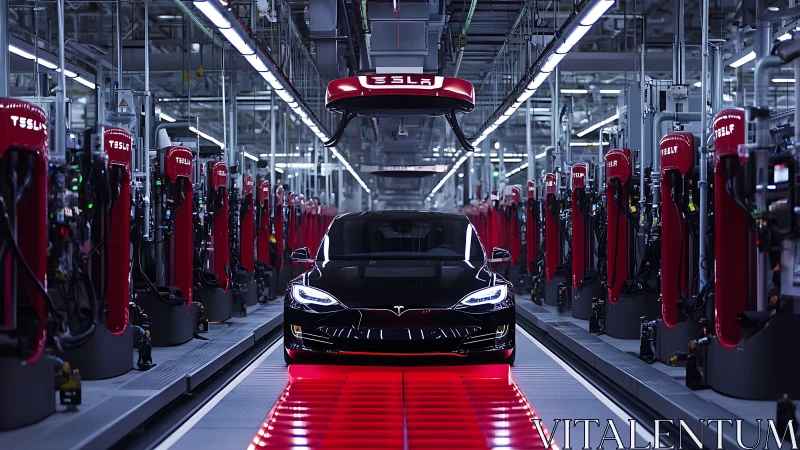 Electric sedan on automated assembly line with red robotics
