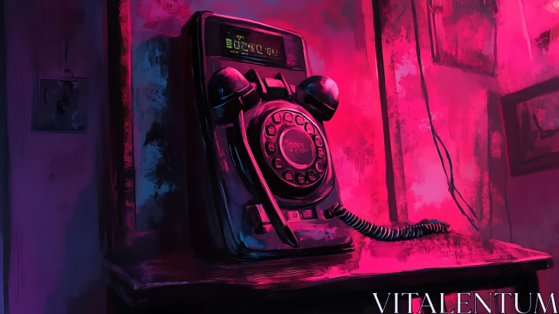 Rotary payphone under neon pink and blue lighting.