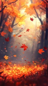 Crimson leaves swirling through sunlit autumn forestscape.