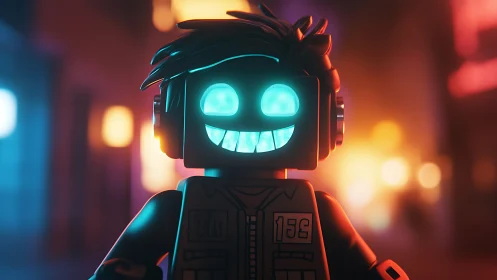 Neon brickhead grins wide while cruising the cyber city night