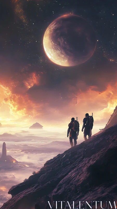 Two suited figures on rocky slope under large distant planet.