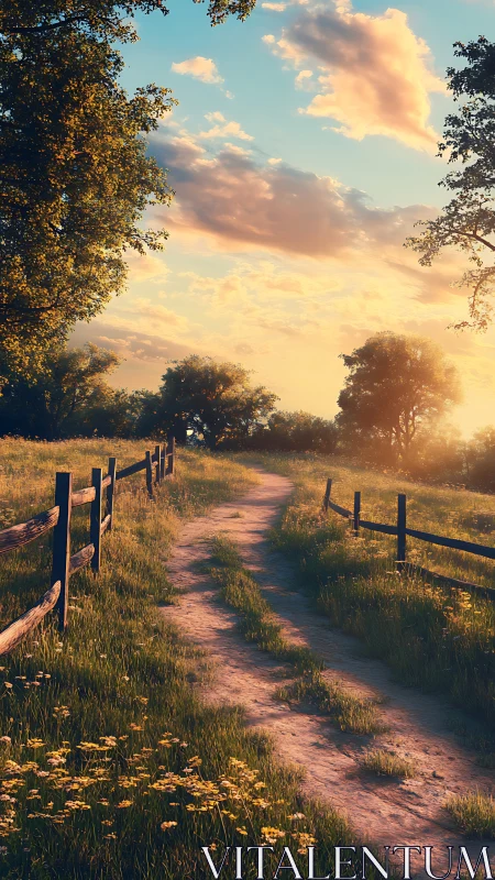 Sunlit country path winding through golden meadow calm.