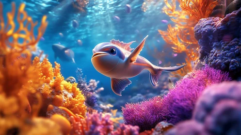 Playful fantasy fish glides through radiant coral reef seascape.