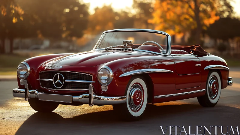 Classic red Mercedes roadster under golden evening light.