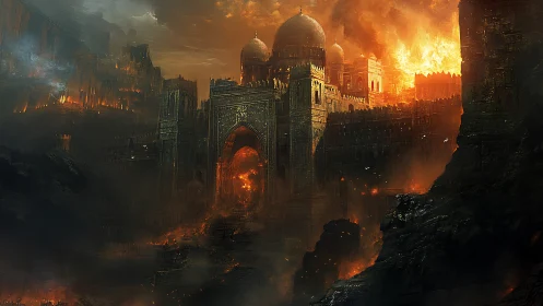 Walled domed city engulfed in large-scale structural fire.