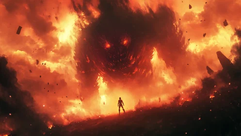 Lone human confronts colossal fire demon amid inferno.