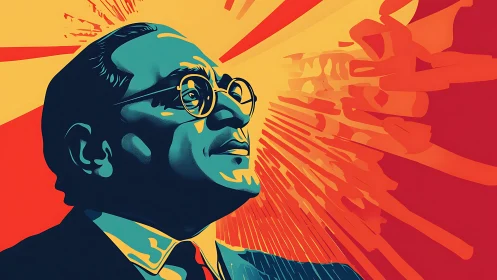 Stylized portrait of man in suit with radiating sunburst background