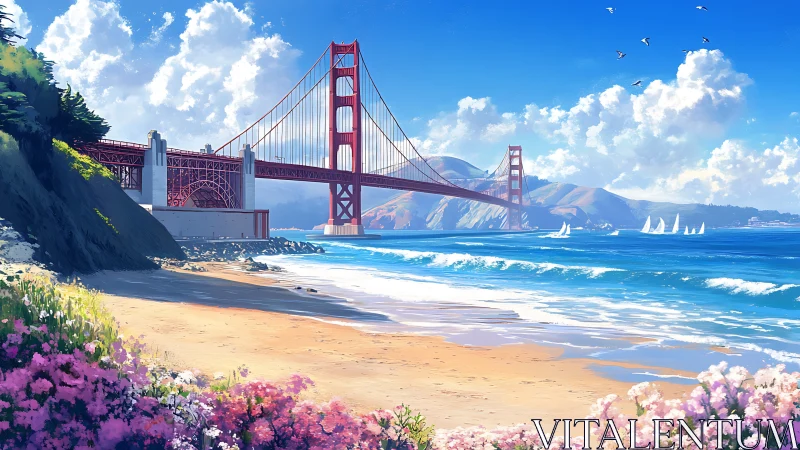 Golden Gate Bridge viewed from floral shoreline in digital painting