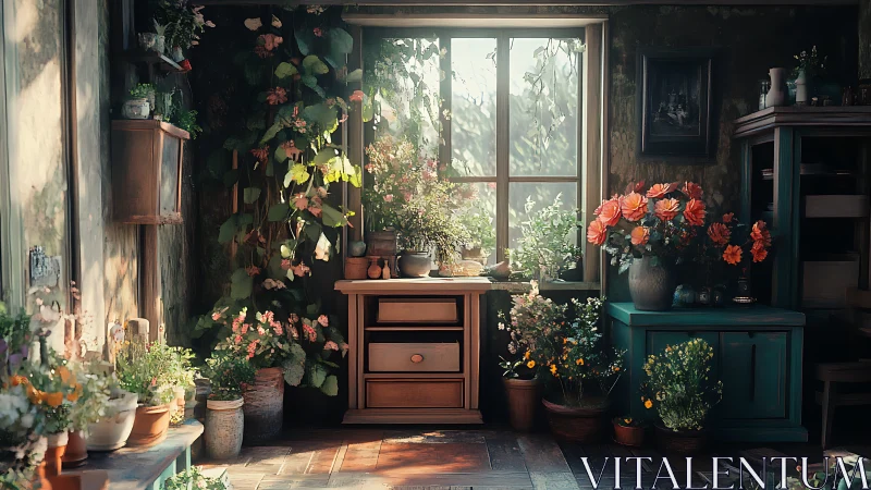 Sunlit cottage window garden with lush potted blooms.