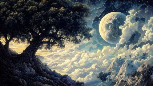 Ancient tree overlooks luminous moonlit cloud ocean