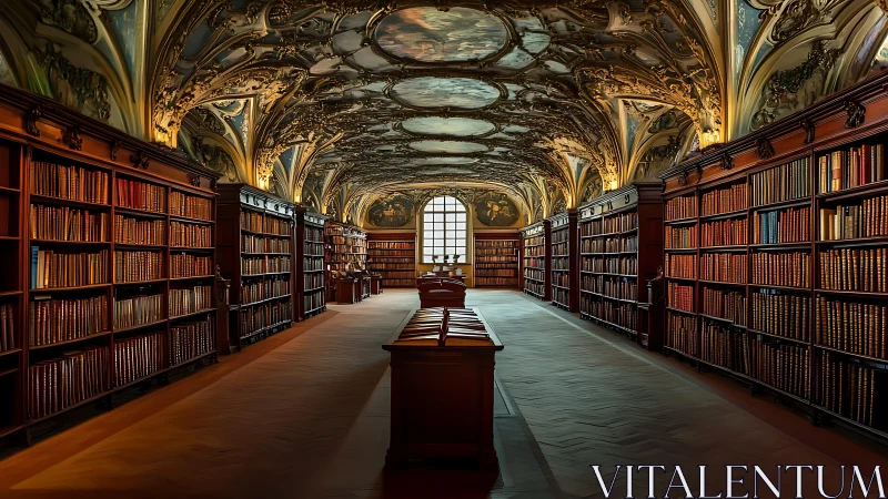 Baroque vaulted library interior with symmetrical shelving and warm luminance