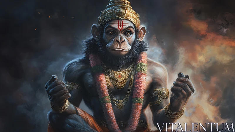 Monkey-headed deity figure sits frontally in smoky backdrop