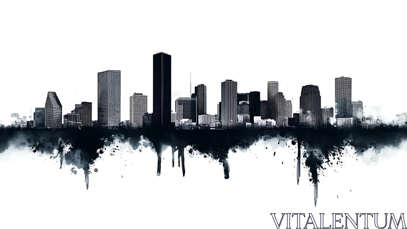 Ink-splashed skyline drips into a mirrored urban horizon