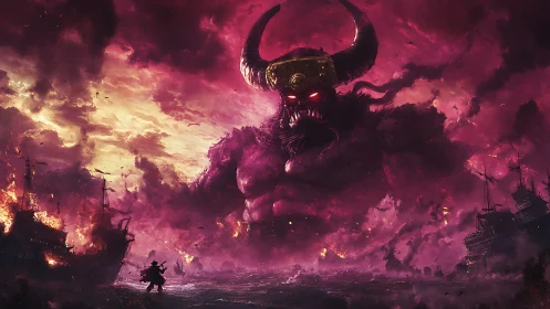 Colossal horned entity rising amid burning warships at sea.