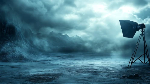 Studio light on tripod in cold misty mountain landscape.