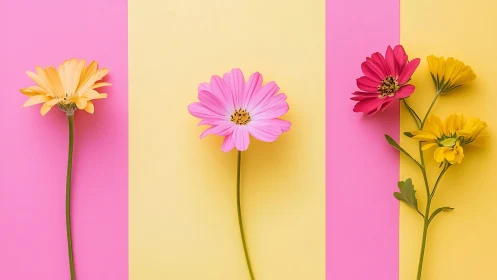 Colorful Gerbera Daisies on Geometric Split Background.