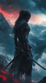 Lone swordbearer watching stormlit mountains ignite at dusk.