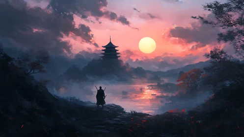 Lone wanderer approaches lakeside pagoda at burning sunset.