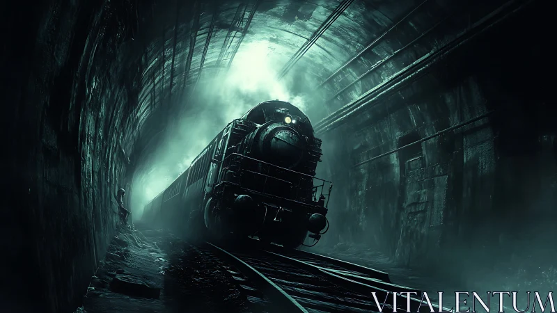 Steam locomotive emerges through dark tunnel with heavy mist