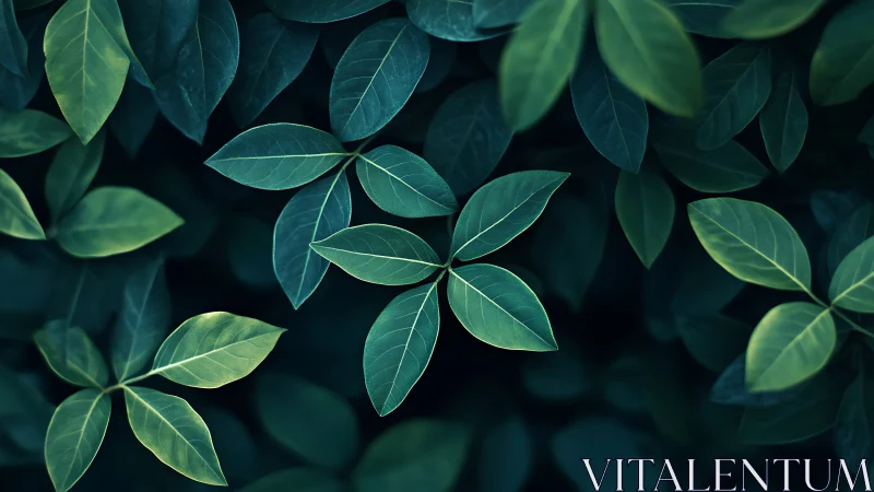 Lush green leaves form a tranquil, softly lit forest canopy