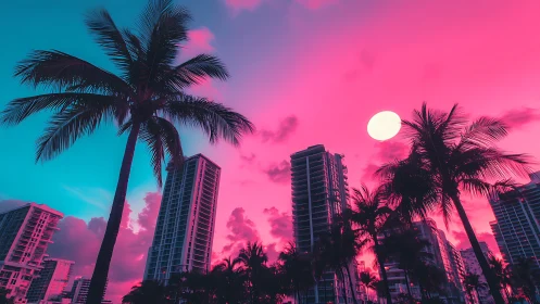 Palm trees and high-rise towers under dual-tone sunset sky