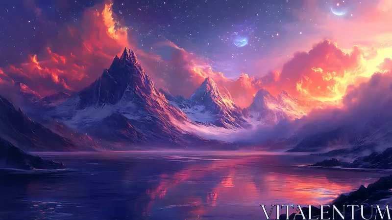 Twin moons ignite a celestial dawn over crystal peaks.