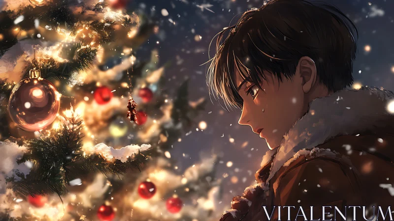 Quiet winter moment beside a glowing Christmas tree.