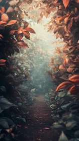 Misty forest path framed by copper toned foliage at dawn.