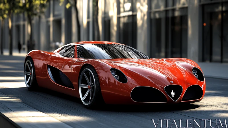 Photorealistic urban render of red aerodynamic supercar form.