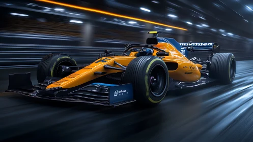 Photorealistic F1 race car in dynamic nocturnal track environment.