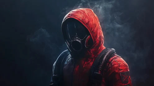 Mysterious red-hooded wanderer in smoky shadowed light.