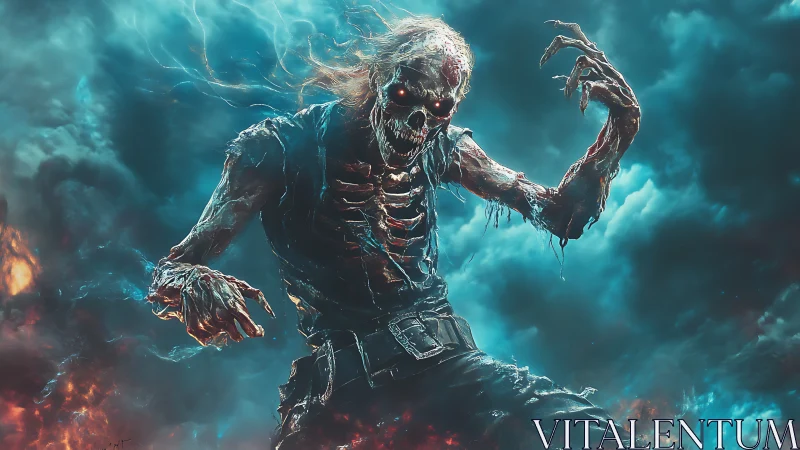 Flaming skeletal warrior rises through stormlit inferno sky.