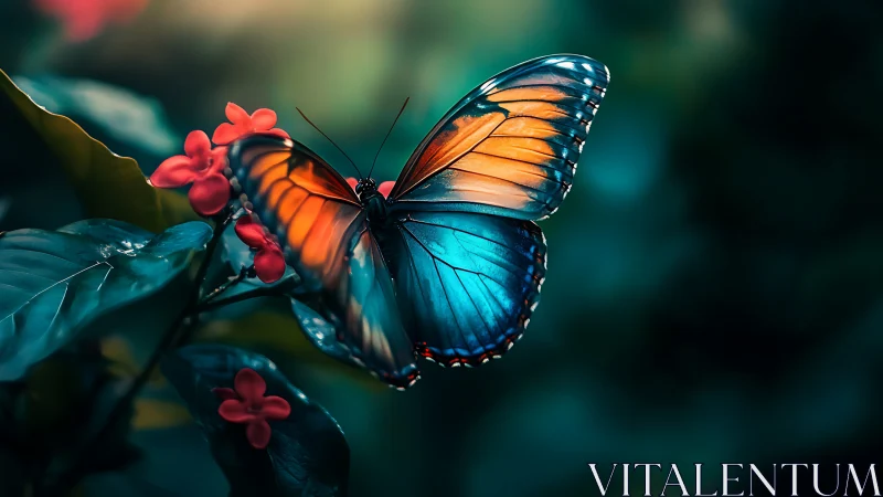 Butterfly rests on red flowers with vivid blue orange wings