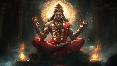 Radiant meditative deity in glowing temple serenity.