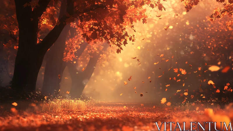 Autumn forest path with falling leaves in warm backlight.