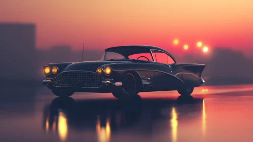 Futuristic classic coupe rendered against neon dusk horizon