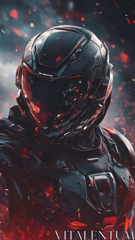 Armored sci fi soldier stands in embers of a burning battlefield