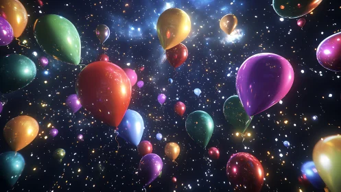 Balloons drift through starlit space like quiet cosmic confetti