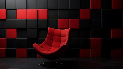 Cozy red lounge chair against bold geometric wall art.