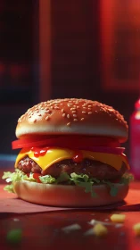 High-contrast 3D cheeseburger render with shallow depth-of-field lighting