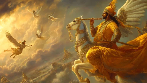 Winged horse rider with celestial figures above cityscape.