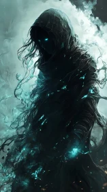 Hooded spectral figure formed from smoke and blue luminescence