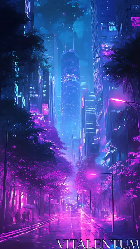 Neon midnight city stroll under glowing violet trees.